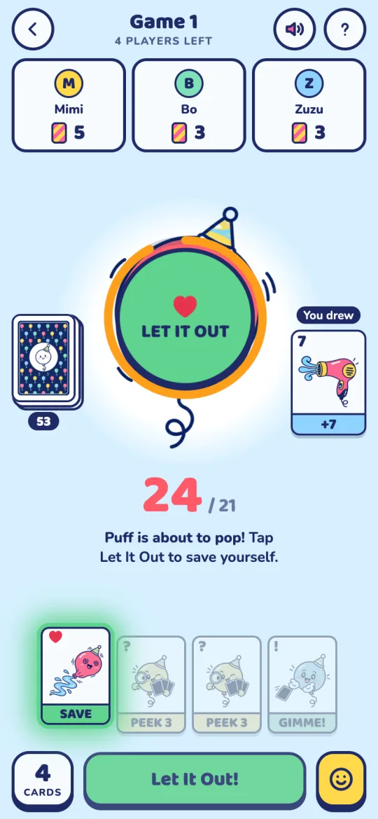Pop n Pass: Puff is about to pop and the Let It Out button is glowing